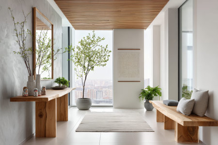 Modern hallway with minimalist decor and wooden elements overlooking a cityscape.