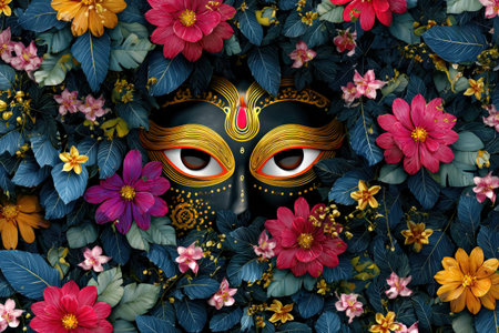 Vibrant floral design with a mystical mask surrounded by colorful flowers and lush leaves.