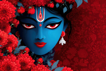 Goddess depiction surrounded by vibrant red flowers and intricate designs.