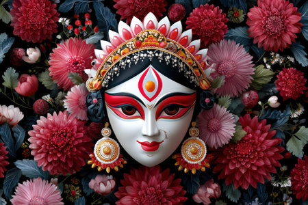 Vibrant depiction of a goddess mask with intricate floral background in a festive celebration.の写真素材