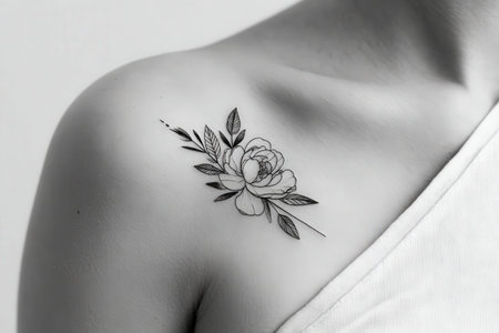 Elegant floral tattoo design on shoulder depicted in black and gray.