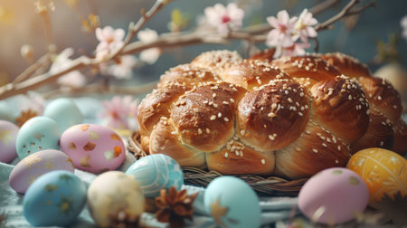 Challah loaf displayed with painted eggs on spring table.
