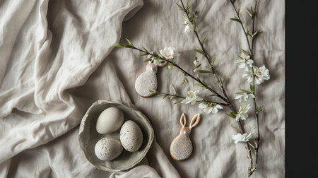 Ceramic bowl with speckled eggs and blossom branch on linen.
