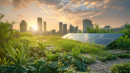 Rooftop garden integrating solar panels at sunrise skyline.