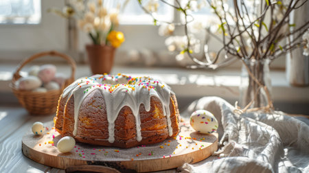 Easter bundt cake sitting on wooden board in kitchen.