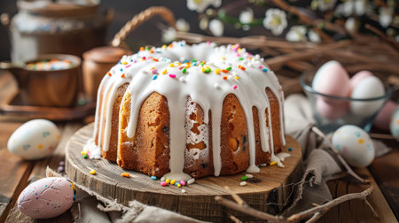 Easter cake topped with glaze on rustic wooden table.