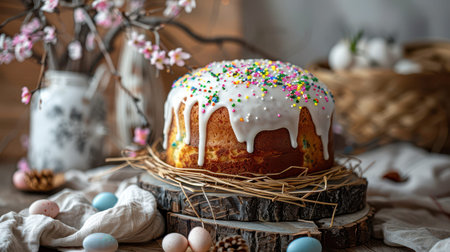 Iced easter cake on wood slice with pastel eggs nearby morning table.