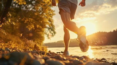 Runner feet splashing on pebble shore at sunset by river.