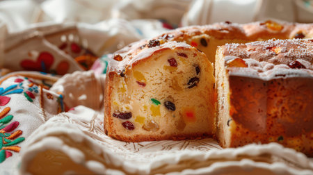 Sliced sweet fruit bread loaf on embroidered fabric closeup.