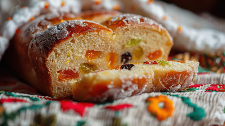 Fruit studded loaf sliced on embroidered tablecloth.