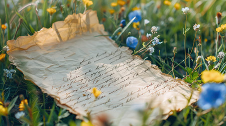 Handwritten letter lying among wildflowers in grassy meadow.