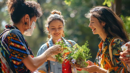 Group of women sharing plants in sunny outdoor gathering.