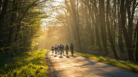 Group of cyclists riding through sunlit forest road.