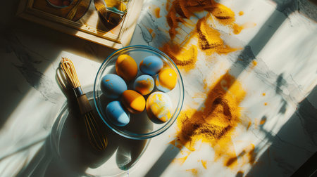 Dyed eggs mixing blue and orange on marble kitchen counter.