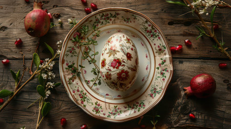 Painted egg centered in floral plate on wooden surface.