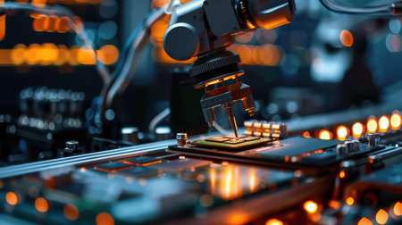 Robotic arm assembling microchip on circuit board in factory.