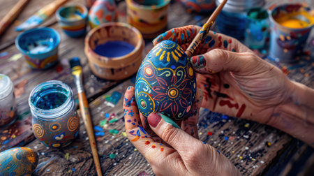 Hands painting decorative egg with brush on worktable.