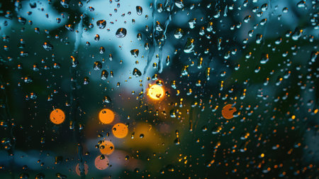 Water droplets on window with blurred city lights at night.