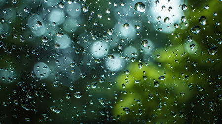 Raindrops on window with green foliage blurred in background.