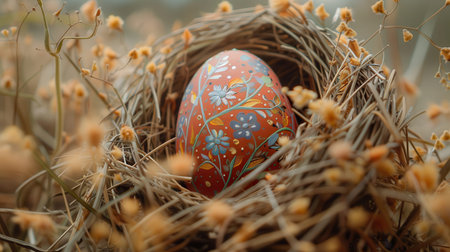 Decorated egg resting nestled in dried grass bird nest.