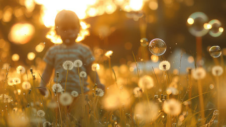 Child playing among dandelions with bubbles in field.