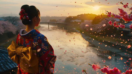 Woman in kimono watching river sunset with cherry blossoms.