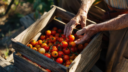 Elderly hands harvesting cherry tomatoes in wooden crate.