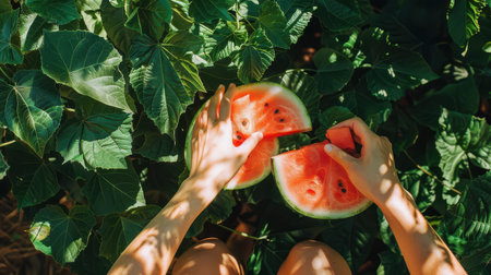 Hands slicing watermelon on lush garden foliage background.