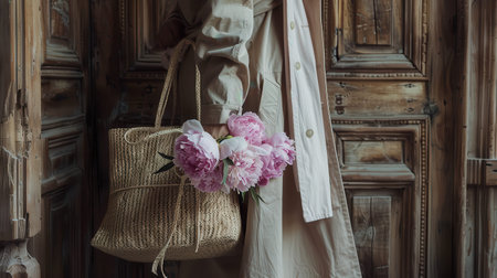 Coat and wicker bag with peonies against ornate wooden door.の写真素材