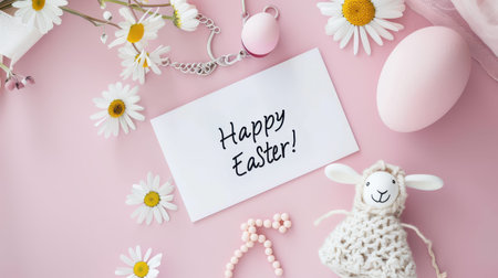 Happy easter card with daisies and toys on pink surface.