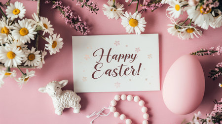 Sheep figurine with happy easter card on pink backdrop.