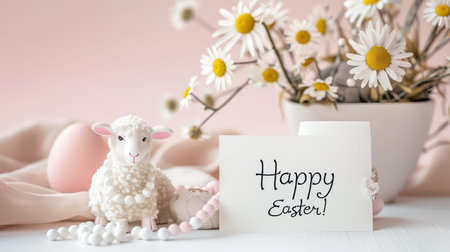 Plush lamb beside happy easter card on pastel table.