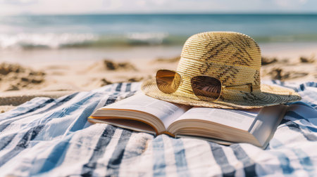 Straw hat and sunglasses resting on open book at beach.の写真素材