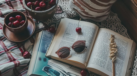 Open book with sunglasses and cherries on cozy blanket near cup.