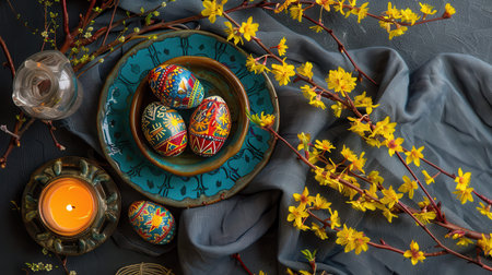 Hand painted easter eggs in bowl with yellow spring blossoms.