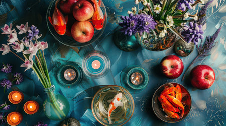 Overhead still life with fish bowls apples and flowers.の写真素材