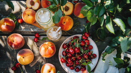 Peaches and cherries arranged with iced drinks on wooden table.