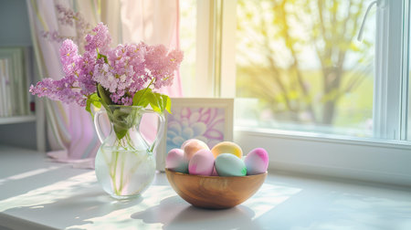 Lilac bouquet and pastel eggs arranged on sunlit windowsill.