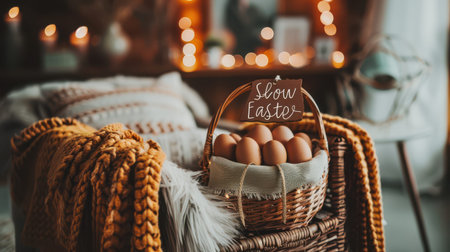 Wicker basket of eggs with chunky knit blanket on chair.