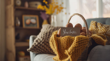 Basket of eggs nestled on knitted blanket on sofa near shelf.