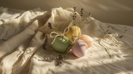 Pastel easter eggs tied with lavender on crumpled fabric.