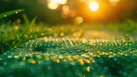 Sunlit dewdrops on green lawn mat during golden morning.の写真素材