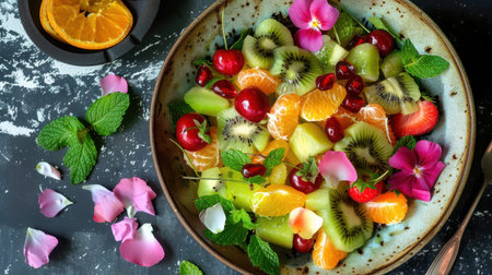 Colorful fruit salad bowl with kiwi cherries and citrus.