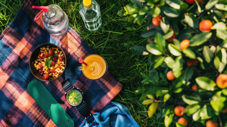 Outdoor picnic bowl and juice set beside fruiting citrus tree.