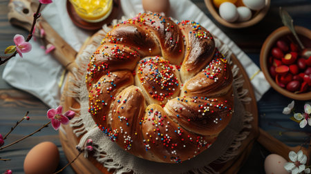 Sweet braided loaf topped with colorful sprinkles on board.