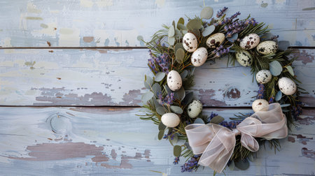 Lavender wreath with speckled eggs on painted wooden plank.