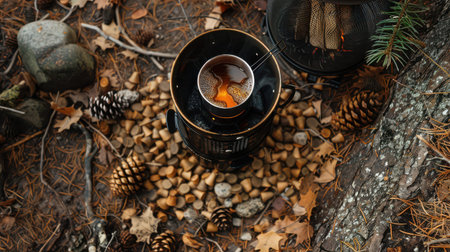 Outdoor tea steeping in mug surrounded by pinecones and leaves.