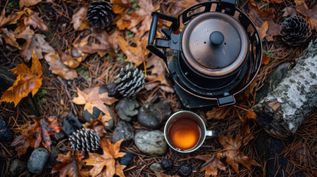 Camping kettle pouring tea on leaf covered forest floor
