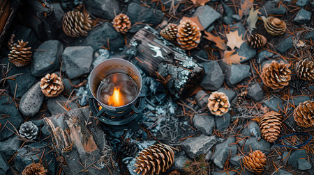 Portable stove burning flame among pinecones on rocky ground