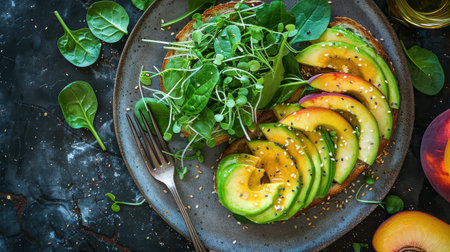 Avocado and peach toast with greens on dark rustic plate